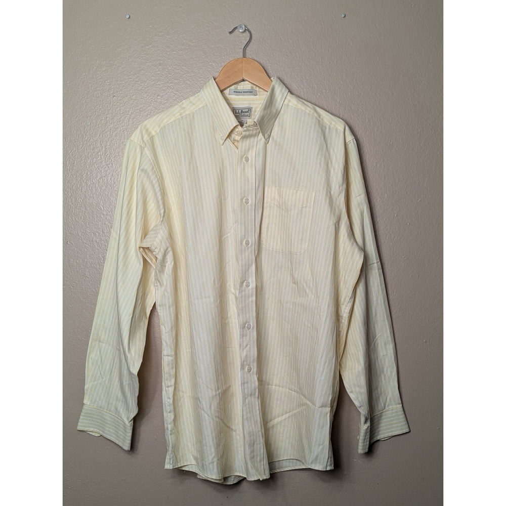 L.L. Bean Yellow Stripe Button Down Shirt Mens L Reg Cotton Wrinkle Resist